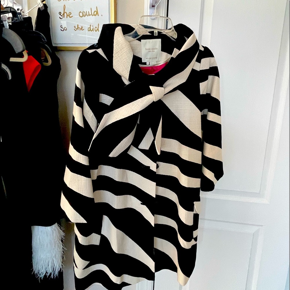 Kate Spade zebra swing coat with removable bow detail at neckline